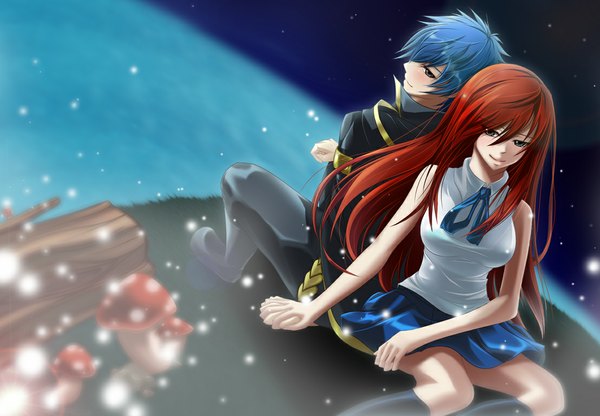 Anime picture 1109x770 with fairy tail erza scarlet jellal fernandes blackrabbit0626 long hair blush short hair smile blue hair red hair pleated skirt looking back from above grey eyes holding hands back to back girl boy cloak