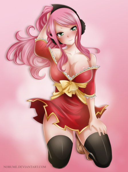 Anime picture 2384x3200 with fairy tail meredy (fairy tail) nobume single long hair tall image blush highres breasts light erotic simple background smile bare shoulders green eyes pink hair ponytail kneeling coloring adjusting hair pink background