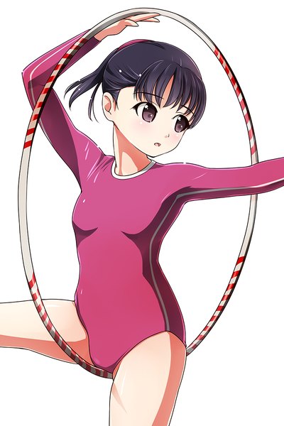 Anime picture 800x1200 with original matsunaga kouyou single tall image short hair open mouth light erotic black hair simple background white background purple eyes looking away girl leotard