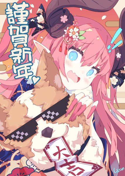 Anime picture 1056x1485 with fate (series) fate/grand order elizabeth bathory (fate) (all) elizabeth bathory (fate) litsvn single long hair tall image looking at viewer blush fringe open mouth blue eyes hair between eyes signed pink hair horn (horns) new year nengajou !
