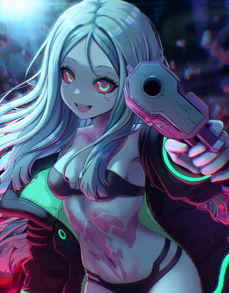 Anime picture 3204x4096 with cyberpunk edgerunners studio trigger rebecca (cyberpunk) suoniko single long hair tall image looking at viewer highres breasts open mouth light erotic smile holding green eyes signed absurdres :d green hair open jacket