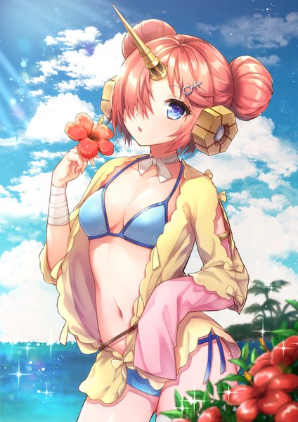 Anime picture 1000x1414 with fate (series) fate/grand order fate/apocrypha frankenstein's monster (fate) frankenstein's monster (swimsuit saber) (fate) akariko (akaringo) single tall image looking at viewer blush fringe short hair breasts blue eyes light erotic standing holding pink hair sky cleavage