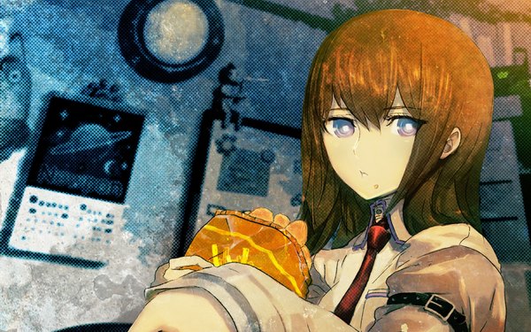 Anime picture 1920x1200 with steins;gate white fox makise kurisu huke single long hair highres brown hair wide image purple eyes girl necktie chips