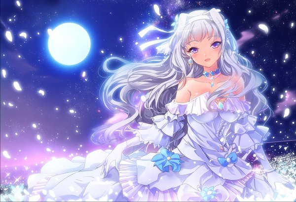 Anime picture 1752x1200 with idolmaster shijou takane deeple long hair blush highres open mouth purple eyes bare shoulders white hair night girl dress gloves earrings petals choker elbow gloves hairband moon