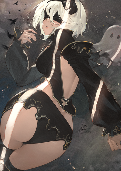 Anime picture 1061x1500 with nier nier:automata yorha no. 2 type b fadingz single tall image blush fringe short hair breasts light erotic large breasts signed outdoors ass white hair long sleeves parted lips arm up mole