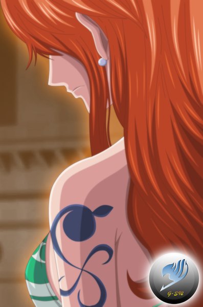 Anime picture 1024x1545 with one piece toei animation nami (one piece) seireiart single long hair tall image fringe profile from behind hair over one eye orange hair tattoo coloring girl earrings