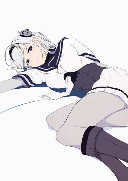 Anime picture 566x800 with kantai collection suzutsuki (kancolle) sohin single long hair tall image looking at viewer fringe simple background white background lying black eyes outstretched arm on side underbust girl uniform serafuku hairband bodysuit