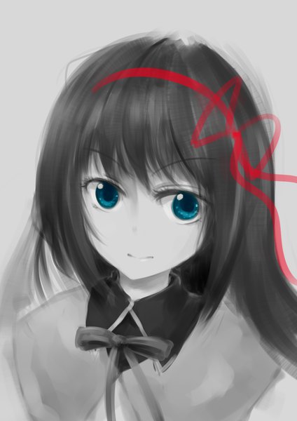 Anime picture 2480x3507 with mahou shoujo madoka magica shaft (studio) akemi homura kuta single long hair tall image looking at viewer fringe highres blue eyes simple background smile upper body grey background monochrome portrait partially colored girl ribbon (ribbons)