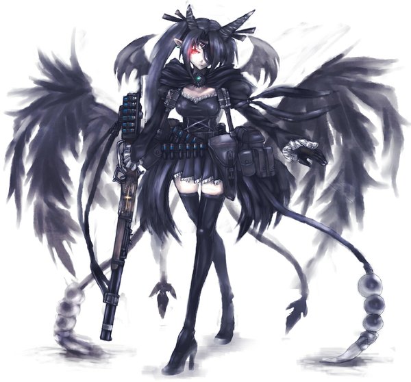 Anime picture 1100x1023 with original panzer black hair simple background red eyes white background pointy ears high heels glowing glowing eye (eyes) girl thighhighs dress gloves weapon wings black dress eyepatch rifle