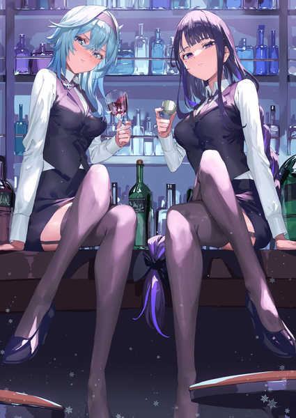 Anime picture 2508x3541 with genshin impact raiden shogun eula lawrence xkirara39x long hair tall image looking at viewer fringe highres hair between eyes sitting purple eyes multiple girls holding blue hair purple hair indoors long sleeves mole arm support