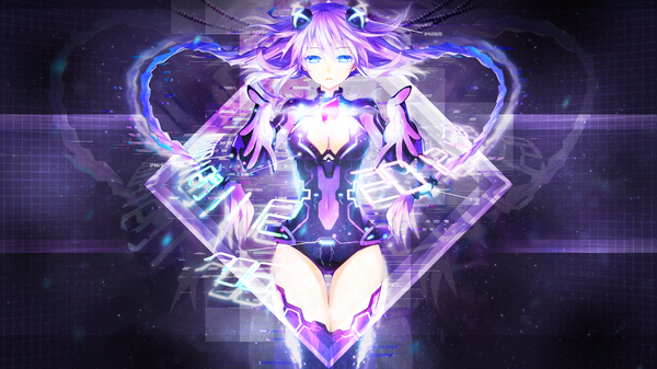 Anime picture 1366x768 with choujigen game neptune neptune (choujigen game neptune) purple heart tsunako single long hair fringe breasts open mouth blue eyes light erotic hair between eyes wide image cleavage purple hair braid (braids) wallpaper twin braids thigh gap floating hair