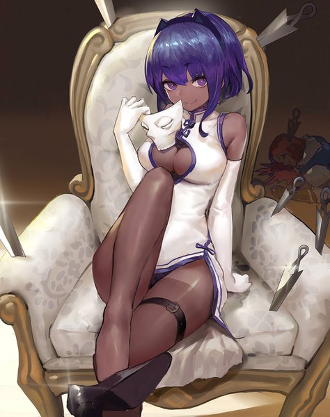 Anime picture 1028x1300 with fate (series) fate/grand order hassan of serenity (fate) canking tall image looking at viewer short hair breasts light erotic smile large breasts sitting purple eyes purple hair traditional clothes pantyshot dark skin chinese clothes solo focus pantyshot sitting