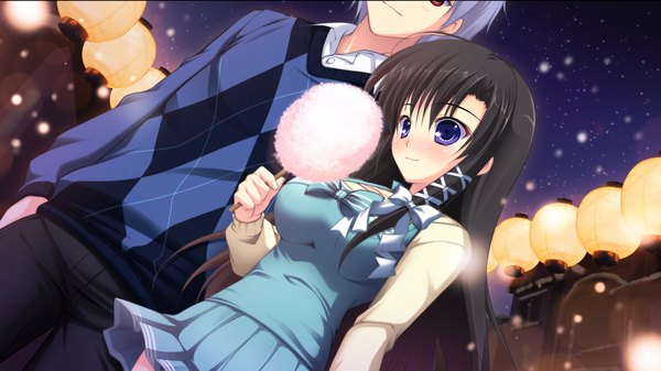 Anime picture 2560x1440 with manatsu no yoru no yuki monogatari akigase nozomi mikeou long hair blush highres black hair wide image purple eyes game cg girl boy ribbon (ribbons) hair ribbon sweater