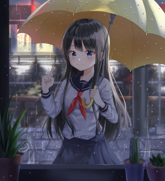 Anime picture 1229x1348 with original ekina (1217) single long hair tall image looking at viewer fringe blue eyes black hair smile standing holding outdoors long sleeves pleated skirt arm up blurry night rain pointing