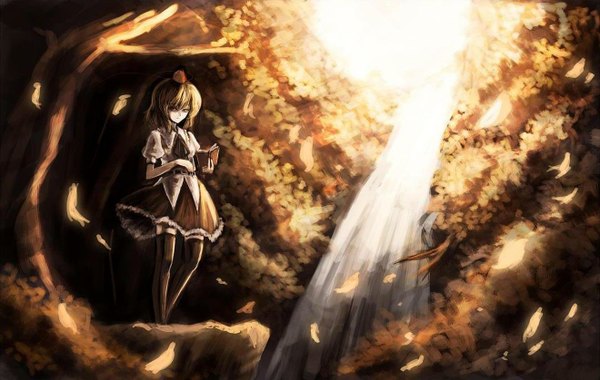 Anime picture 1320x838 with touhou shameimaru aya paseri single short hair brown hair yellow eyes waterfall girl thighhighs skirt ribbon (ribbons) plant (plants) hat tree (trees) water book (books) leaf (leaves)