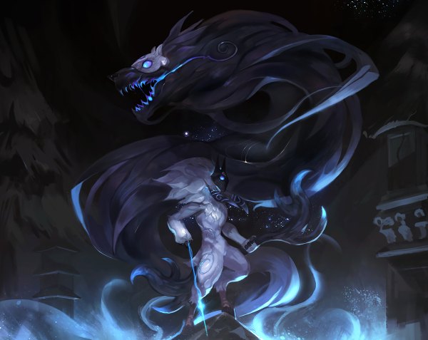 Anime picture 1200x954 with league of legends kindred (league of legends) lamb (league of legends) siakim (kim tae kyeong) blue eyes black hair standing white hair teeth fang (fangs) no people weapon animal fur mask bow (weapon) arrow (arrows) wolf sheep