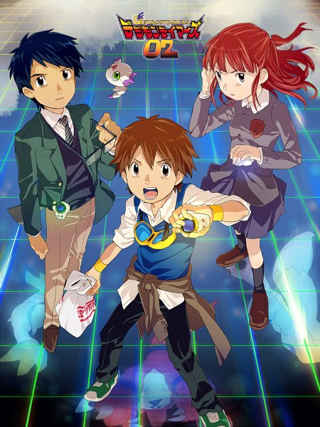 Anime picture 900x1200 with digimon digimon tamers t k g long hair tall image looking at viewer fringe short hair open mouth brown hair brown eyes blue hair red hair pink eyes black eyes inscription multiple boys adjusting hair checkered floor twisty sleeves