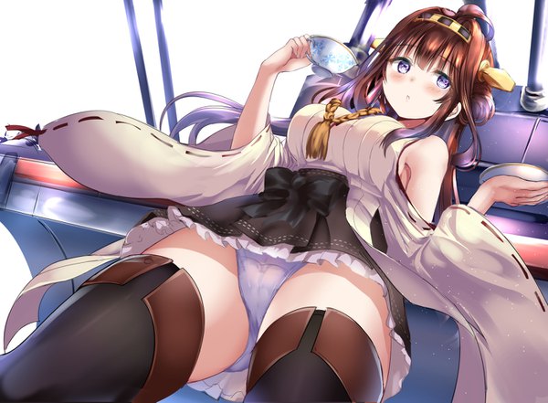Anime picture 1400x1029 with kantai collection kongou battleship ponytail korosuke single long hair looking at viewer blush fringe breasts blue eyes light erotic simple background brown hair large breasts white background holding payot ahoge lying blunt bangs