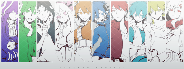 Anime picture 1600x600 with kagerou project shaft (studio) tateyama ayano mary (kagerou project) ene (kagerou project) kisaragi shintarou kido tsubomi kisaragi momo kano shuuya konoha (kagerou project) seto kousuke amamiya hibiya shidu long hair looking at viewer fringe short hair breasts open mouth blue eyes