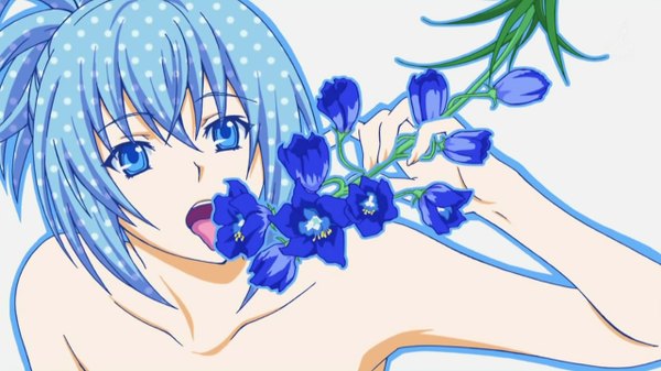 Anime picture 1280x720 with kampfer senou natsuru single looking at viewer short hair open mouth blue eyes wide image white background blue hair absurdres vector genderswap girl flower (flowers) tongue