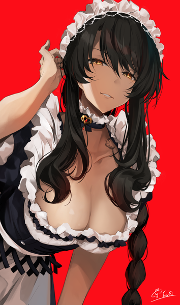 Anime picture 709x1200 with original hirai yuzuki single long hair tall image looking at viewer fringe breasts light erotic black hair simple background smile hair between eyes large breasts signed yellow eyes payot cleavage braid (braids) short sleeves