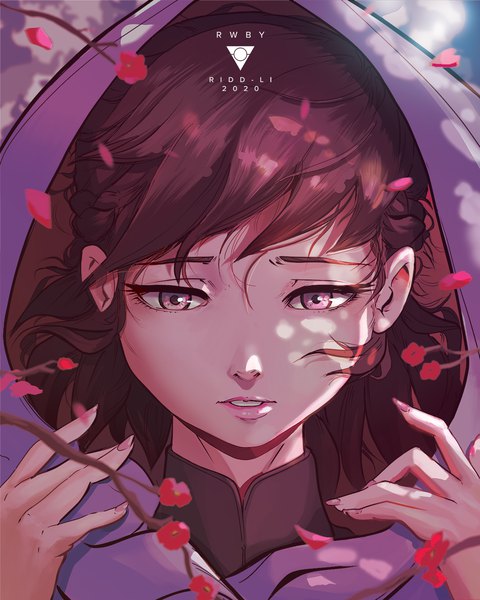 Anime picture 1200x1500 with rwby rooster teeth summer rose ridd-li single long hair tall image brown hair signed nail polish parted lips wind lips copyright name looking down portrait silver eyes sad 2020 girl