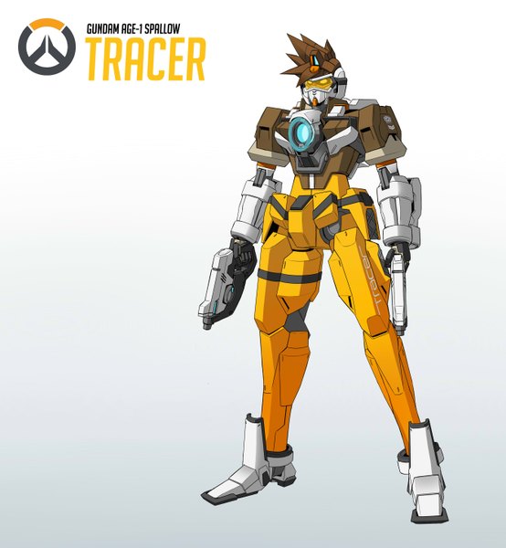 Anime picture 2673x2893 with mobile suit gundam gundam age overwatch sunrise (studio) blizzard entertainment tracer (overwatch) gundam age-1 exaxuxer single tall image highres short hair simple background character names gradient background cosplay crossover spiked hair mechanization tracer (overwatch) (cosplay)