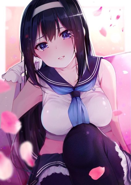 Anime picture 724x1024 with original rouka (akatyann) single long hair tall image looking at viewer blush fringe breasts hair between eyes large breasts sitting purple eyes bare shoulders parted lips arm support border girl gloves uniform