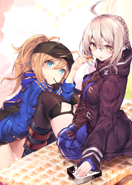Anime picture 1066x1491 with fate (series) fate/grand order artoria pendragon (all) mysterious heroine x (alter) (fate) mysterious heroine x (fate) fal maro long hair tall image looking at viewer blush fringe short hair open mouth simple background blonde hair hair between eyes standing sitting multiple girls yellow eyes
