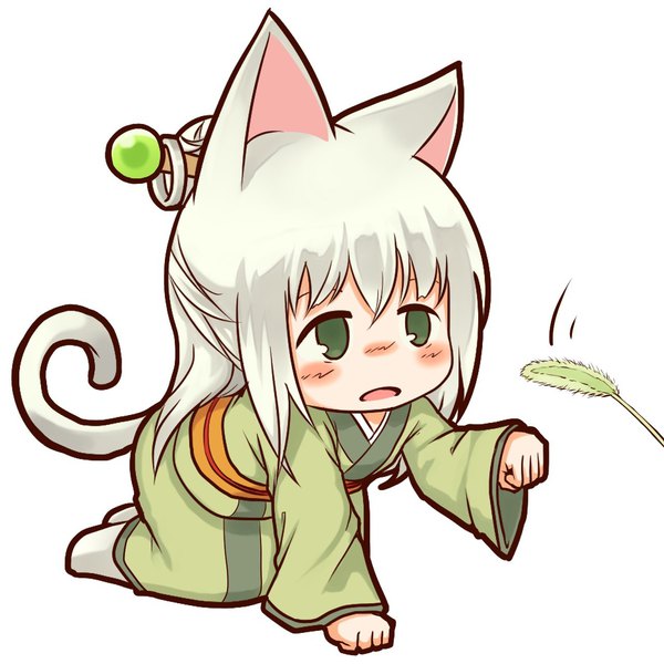Anime picture 1280x1280 with original rinneko (good sun) yutturi single long hair blush open mouth white background green eyes animal ears silver hair tail traditional clothes japanese clothes animal tail cat tail on all fours chibi borrowed character no pupils