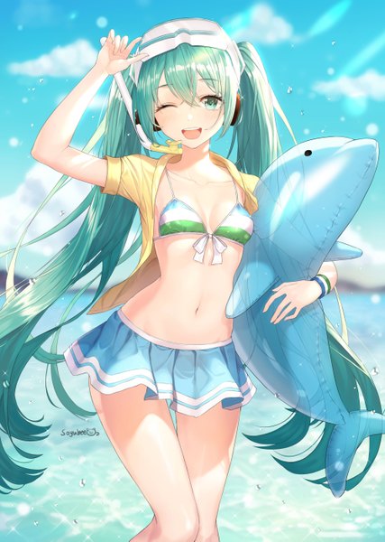 Anime picture 2000x2813 with vocaloid hatsune miku soyubee single long hair tall image looking at viewer fringe highres breasts open mouth light erotic smile hair between eyes standing twintails holding signed sky cleavage