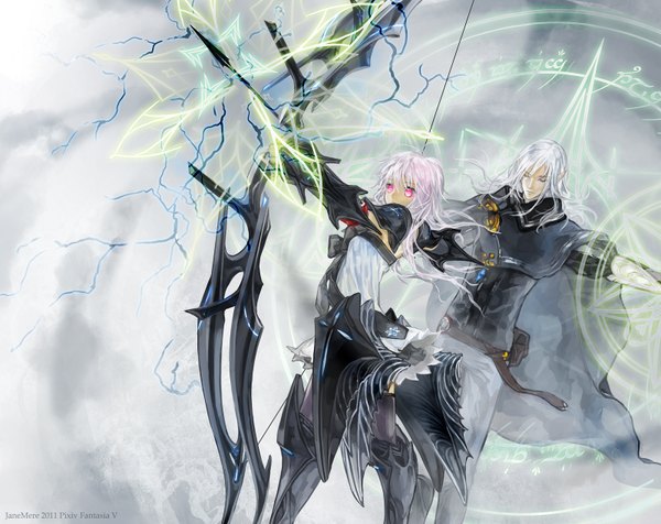 Anime picture 1600x1270 with original pixiv fantasia pixiv fantasia v jane mere white hair eyes closed pink eyes pointy ears magic lightning girl boy armor bow (weapon) arrow (arrows) magic circle