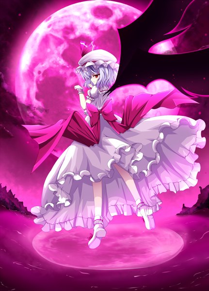 Anime picture 1000x1390 with touhou remilia scarlet kuromari (runia) single tall image short hair red eyes silver hair red moon girl dress bow wings frills bonnet