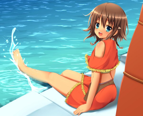 Anime picture 1000x815 with suisei no gargantia production i.g amy (suisei no gargantia) single blush short hair open mouth blue eyes brown hair bare shoulders looking back legs girl water
