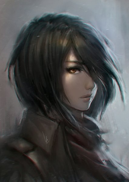 Anime picture 708x1000 with shingeki no kyojin production i.g mikasa ackerman chaosringen single tall image looking at viewer fringe short hair black hair simple background brown eyes signed hair over one eye realistic grey background portrait close-up girl