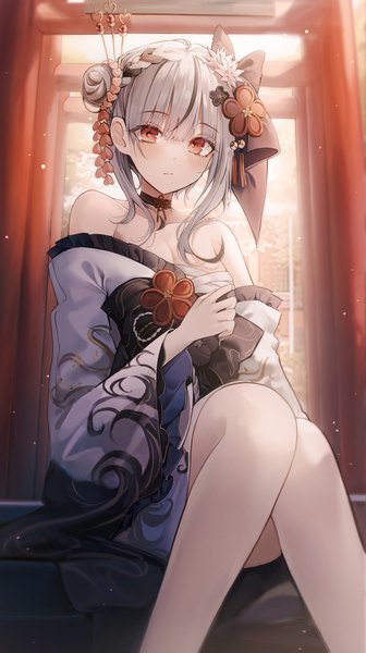 Anime picture 3565x6370 with virtual youtuber hololive sakamata chloe sakamata chloe (new year) fu u03 single tall image looking at viewer blush fringe highres short hair breasts light erotic red eyes large breasts sitting absurdres cleavage bent knee (knees)