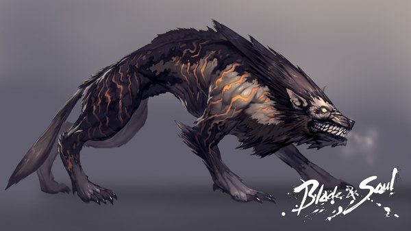 Anime picture 1600x900 with blade & soul simple background wide image yellow eyes pointy ears inscription grey background teeth grin sharp teeth monster claws