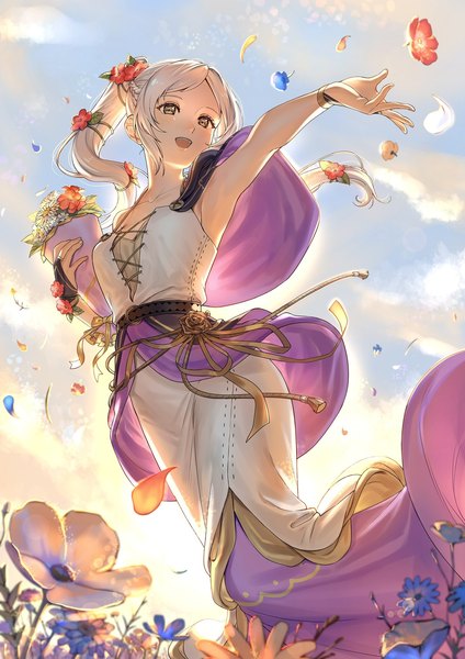 Anime-Bild 1448x2048 mit fire emblem fire emblem awakening nintendo robin (fire emblem) robin (fire emblem) (female) abinosu0903 single long hair tall image blush open mouth standing twintails holding looking away sky silver hair cloud (clouds) outdoors hair flower