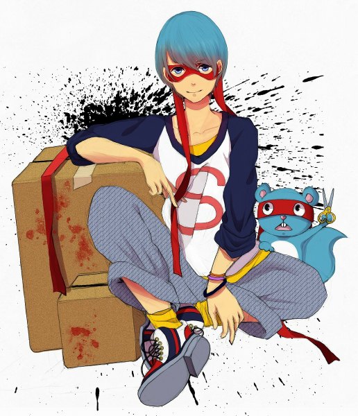 Anime picture 1032x1200 with happy tree friends splendid (htf) shinya tall image short hair open mouth blue eyes smile white background sitting blue hair dual persona personification raglan sleeves boy ribbon (ribbons) animal bracelet blood mask