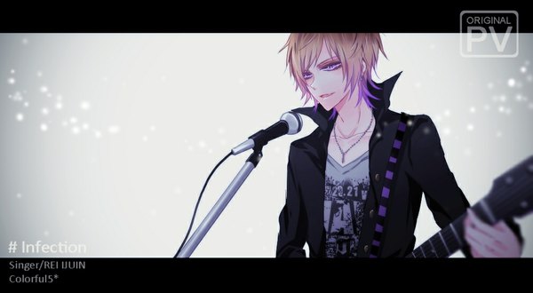 Anime picture 1000x550 with original ibuki (artist) single short hair blonde hair wide image purple eyes looking away light smile grey background open clothes open jacket looking down letterboxed framed music boy earrings jacket pendant
