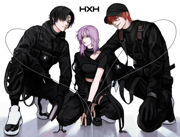 Anime picture 3774x2885 with hunter x hunter hisoka (hunter x hunter) chrollo lucilfer machi (hunter x hunter) likeu 99 looking at viewer fringe highres short hair black hair simple background smile hair between eyes white background absurdres purple hair full body red hair multiple boys squat