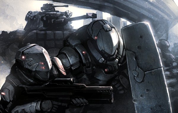 Anime picture 1228x778 with original hetza (hellshock) looking away cyberpunk weapon gun ground vehicle helmet shield tank