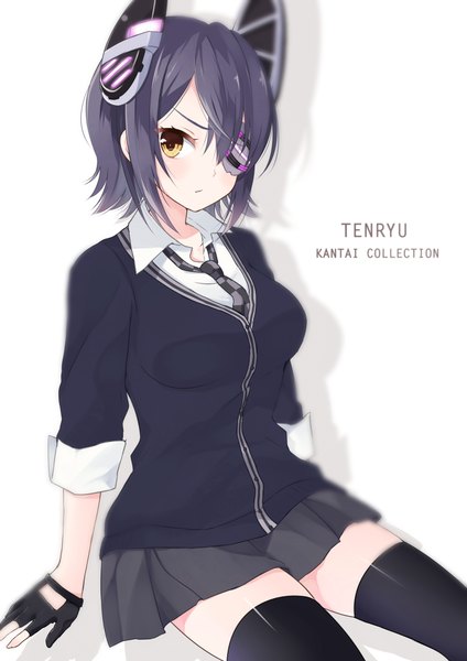 Anime picture 1447x2046 with kantai collection tenryuu light cruiser purin jiisan single tall image looking at viewer blush short hair black hair simple background white background yellow eyes zettai ryouiki copyright name character names girl thighhighs skirt gloves black thighhighs