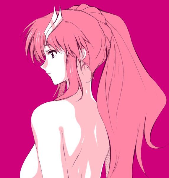 Anime picture 1162x1219 with mobile suit gundam gundam seed sunrise (studio) lacus clyne zundarepon single long hair tall image breasts light erotic simple background pink hair upper body ponytail profile pink background girl hair ornament hairclip
