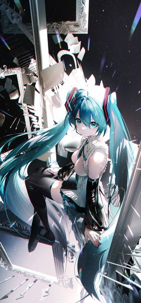Anime picture 2509x5380 with vocaloid hatsune miku omone hokoma agm single long hair tall image looking at viewer fringe highres breasts hair between eyes sitting twintails full body ahoge bent knee (knees) aqua eyes from above aqua hair arm support