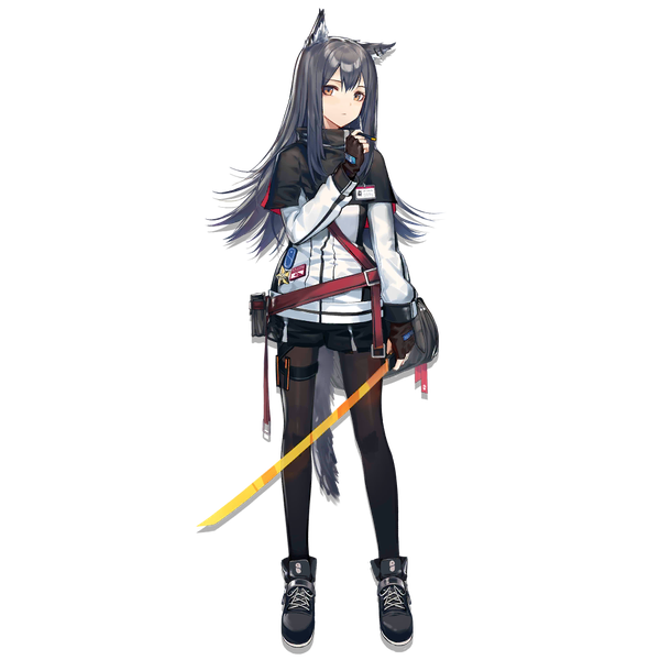 Anime picture 1024x1024 with arknights texas (arknights) huanxiang heitu single long hair looking at viewer fringe black hair hair between eyes red eyes standing animal ears full body tail animal tail official art transparent background wolf ears wolf tail wolf girl