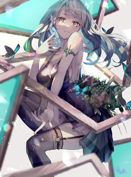 Anime picture 2946x3985 with original alpakakkax2 single long hair tall image highres breasts light erotic green eyes signed cleavage multicolored hair grey hair colored inner hair empty picture frame girl thighhighs dress black thighhighs black dress