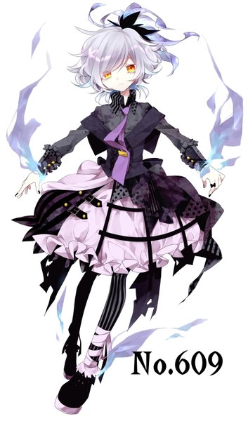 Anime picture 471x800 with pokemon moemon nintendo chandelure shimogu single tall image looking at viewer fringe short hair simple background white background yellow eyes silver hair full body ponytail nail polish glowing spread arms personification