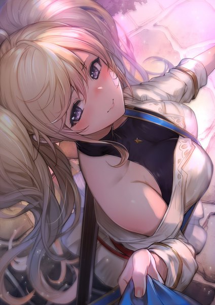 Anime picture 1447x2048 with granblue fantasy monika weisswind kakage long hair tall image looking at viewer blush fringe breasts light erotic blonde hair smile hair between eyes large breasts standing twintails bare shoulders payot ahoge long sleeves