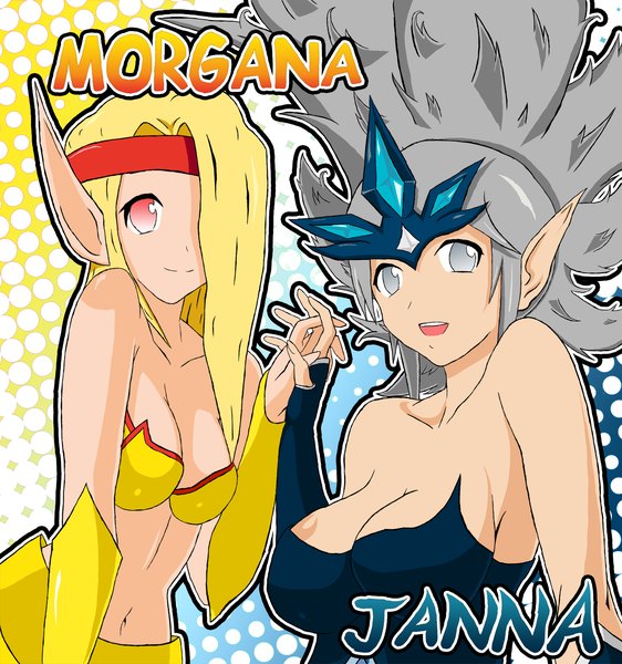 Anime picture 1500x1600 with league of legends janna windforce morgana (league of legends) roa42-x long hair tall image looking at viewer breasts open mouth light erotic blonde hair smile red eyes large breasts multiple girls grey hair midriff grey eyes elf dark elf